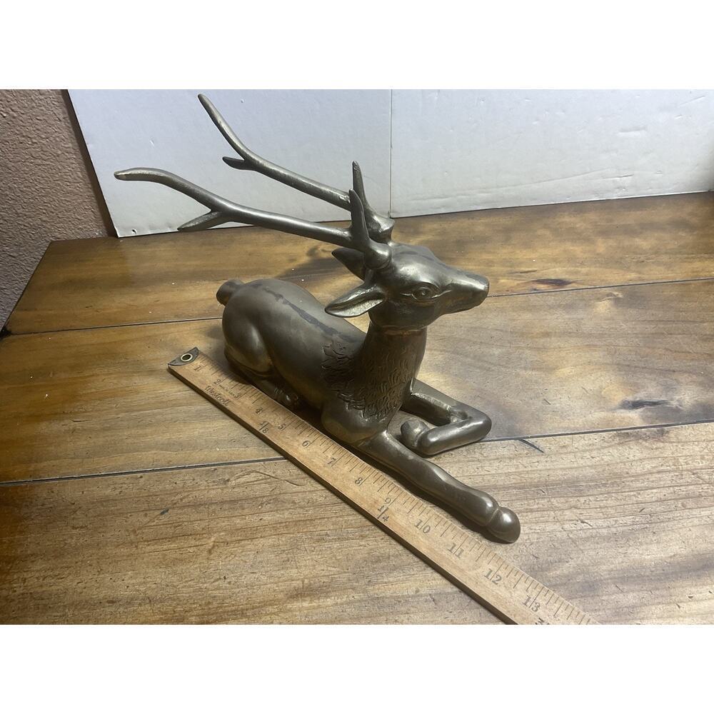 Vintage Solid Brass Stag Deer Sculpture Reclining Large Figurine 12in - Picture 10 of 12
